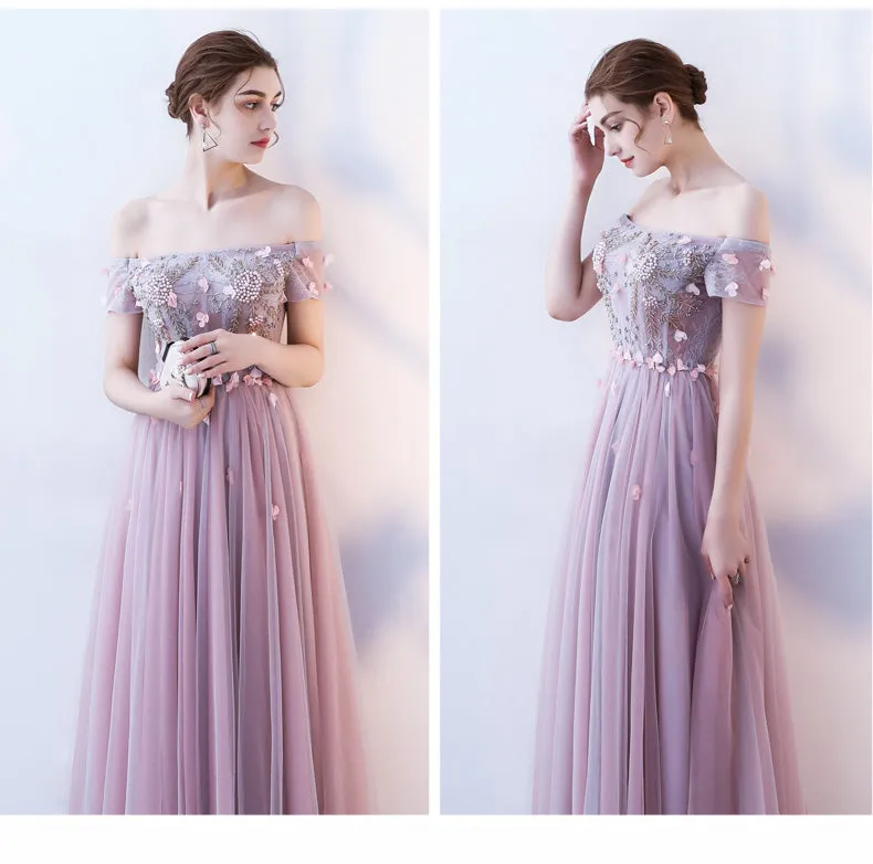 Pink Tulle Flowers and Beaded Long Off Shoulder Prom Dress, A-line Pink Party Dress