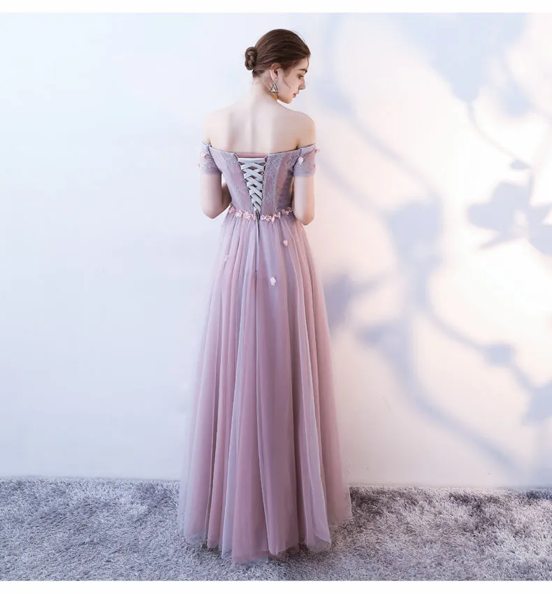 Pink Tulle Flowers and Beaded Long Off Shoulder Prom Dress, A-line Pink Party Dress