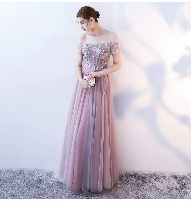 Pink Tulle Flowers and Beaded Long Off Shoulder Prom Dress, A-line Pink Party Dress