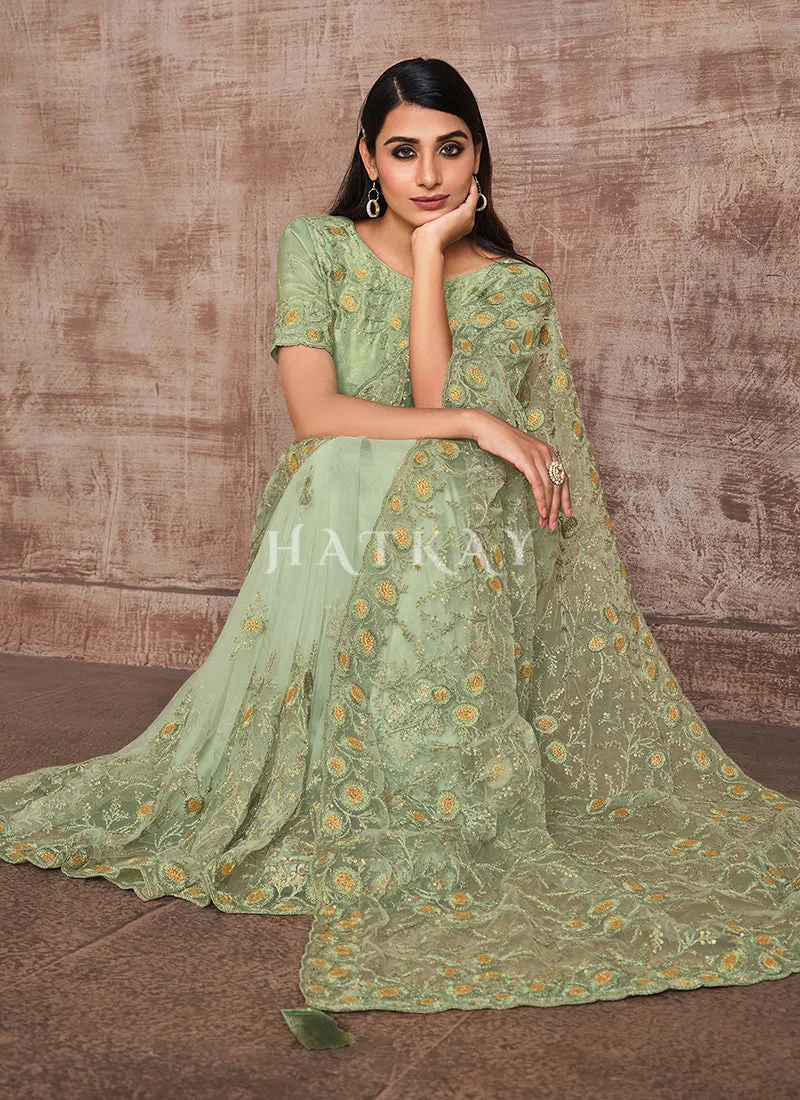 Pista Green Traditional Zari Embroidered Party Wear Saree