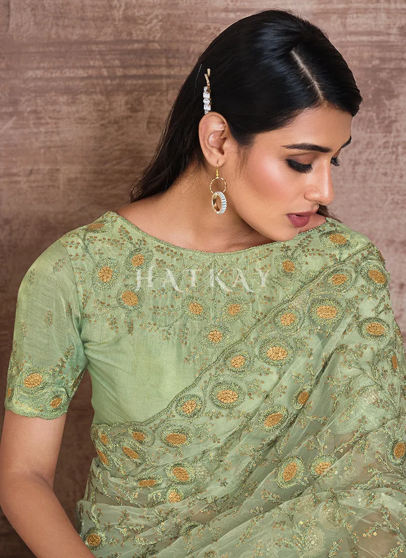 Pista Green Traditional Zari Embroidered Party Wear Saree