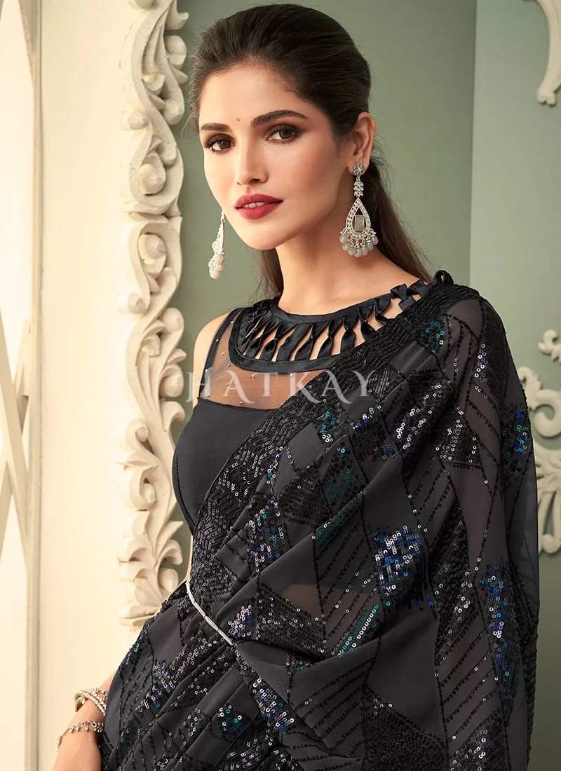 Pitch Black Sequins Embroidery Georgette Saree