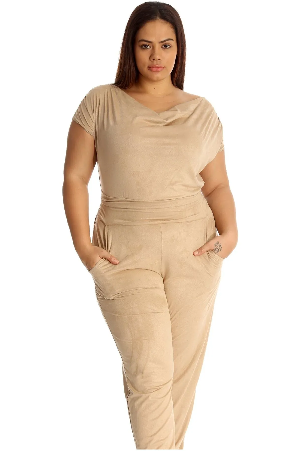 Plus Size Cowl Neck Pocket Belted Jumpsuit