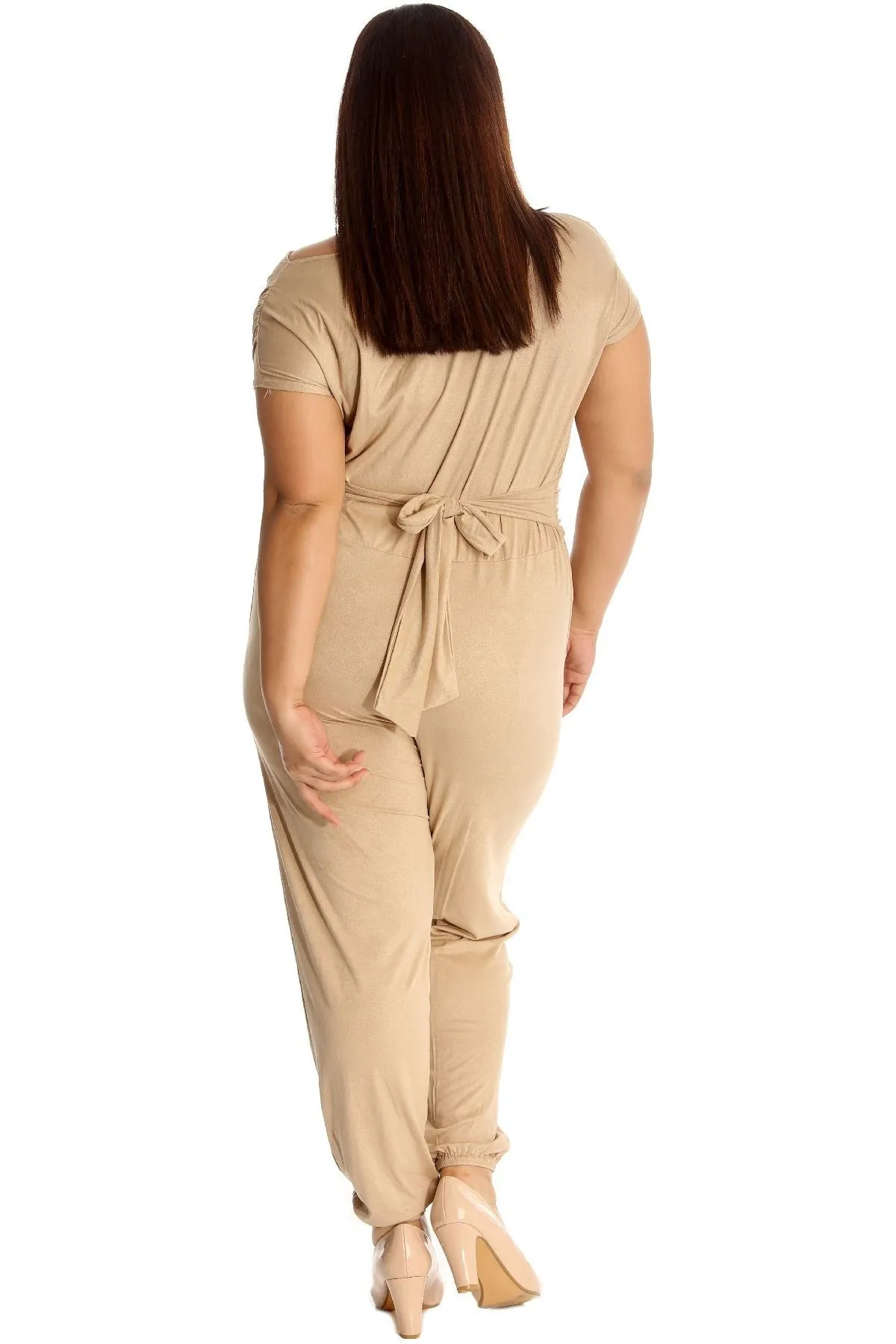 Plus Size Cowl Neck Pocket Belted Jumpsuit