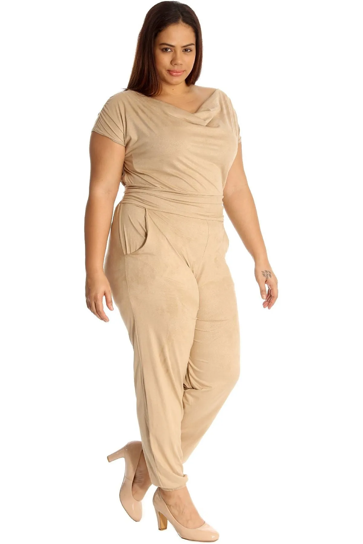 Plus Size Cowl Neck Pocket Belted Jumpsuit
