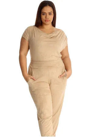 Plus Size Cowl Neck Pocket Belted Jumpsuit