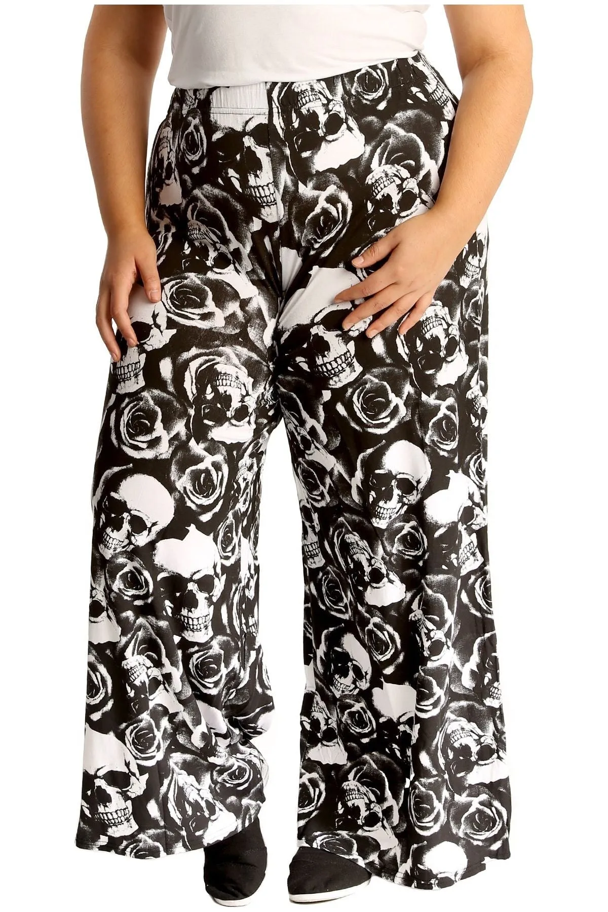 Plus Size Skull Roses Print Palazzo Trouser