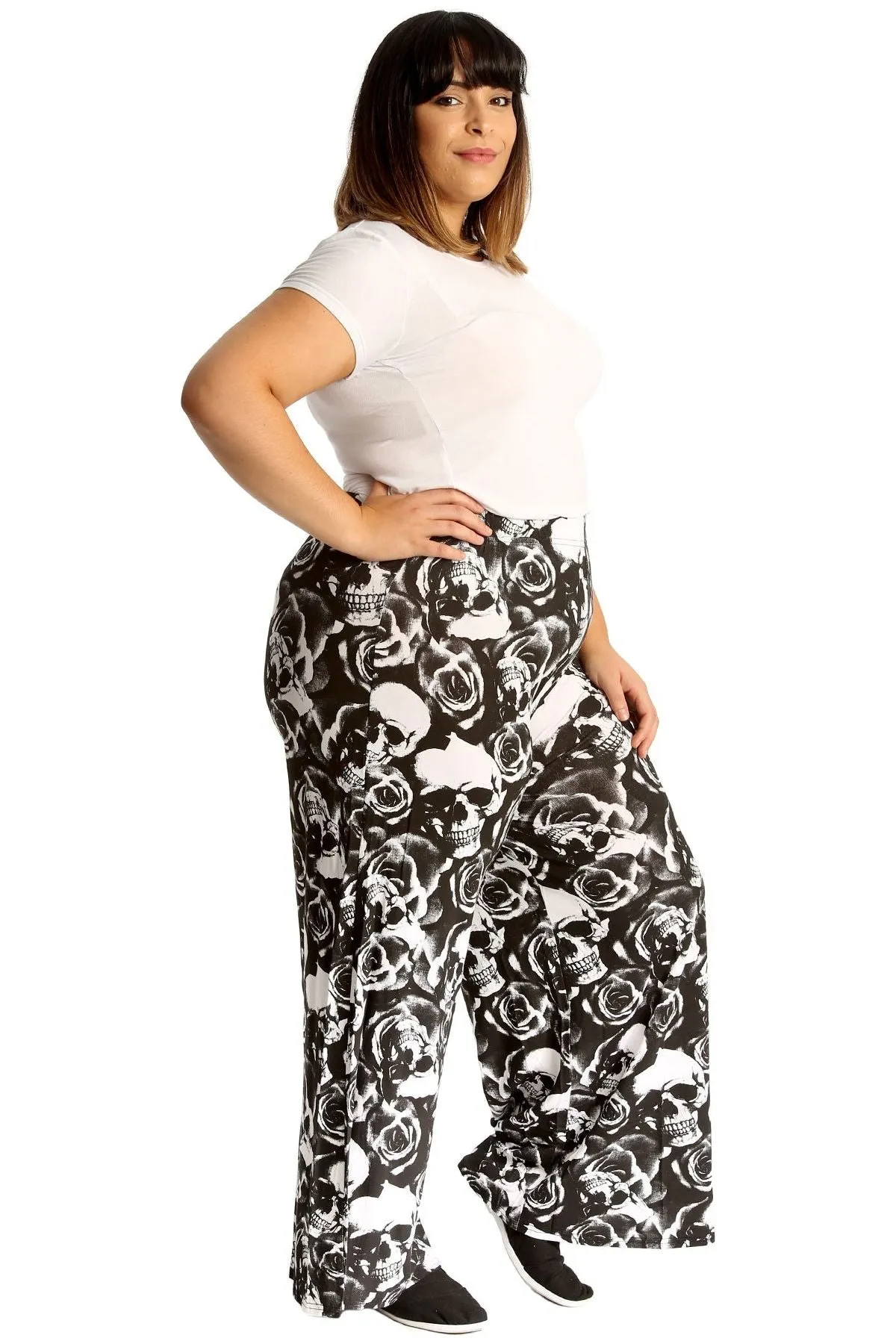 Plus Size Skull Roses Print Palazzo Trouser