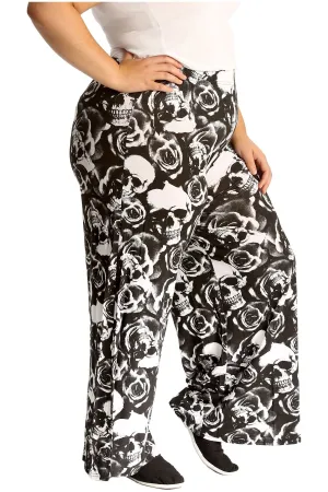 Plus Size Skull Roses Print Palazzo Trouser