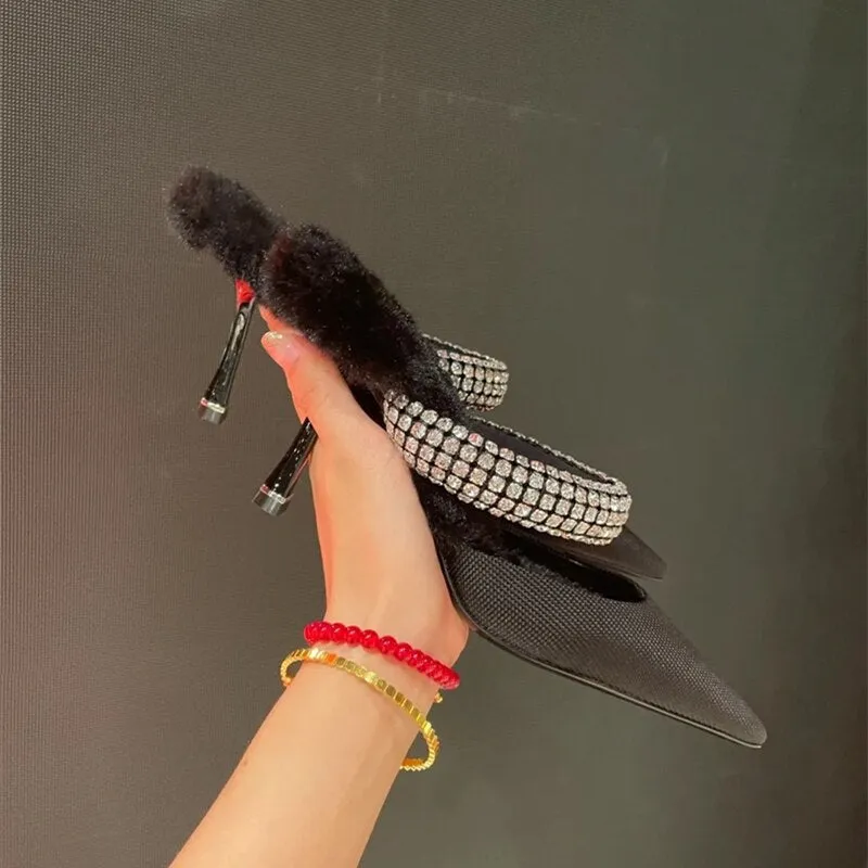 pointed high heels Baotou rhinestone half-supported hairy shoes