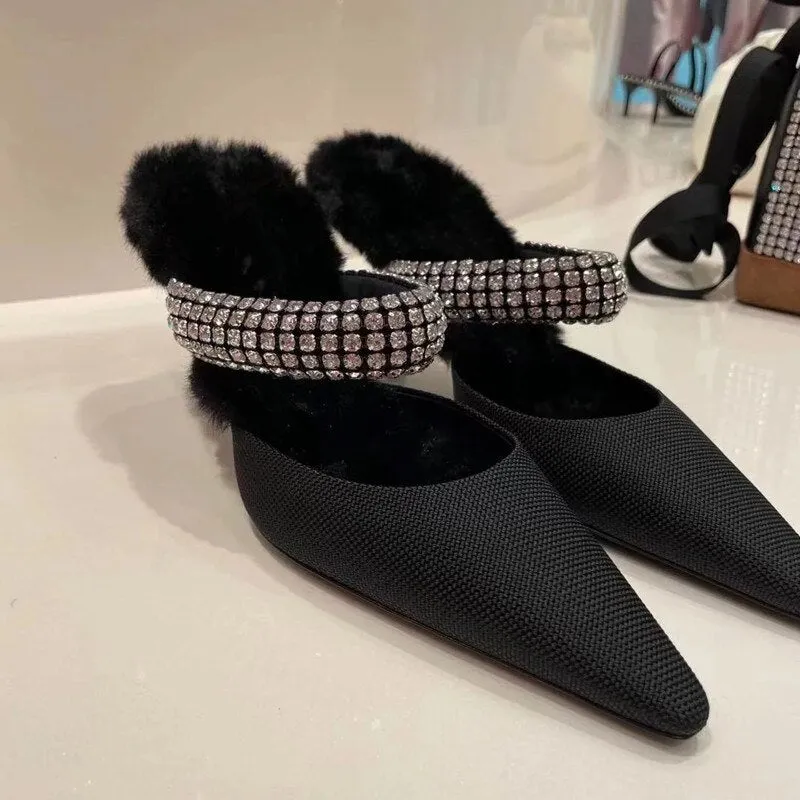 pointed high heels Baotou rhinestone half-supported hairy shoes