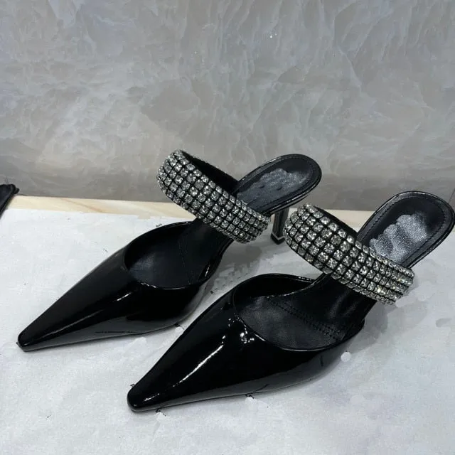 pointed high heels Baotou rhinestone half-supported hairy shoes