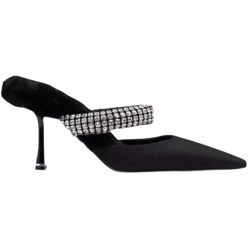 pointed high heels Baotou rhinestone half-supported hairy shoes