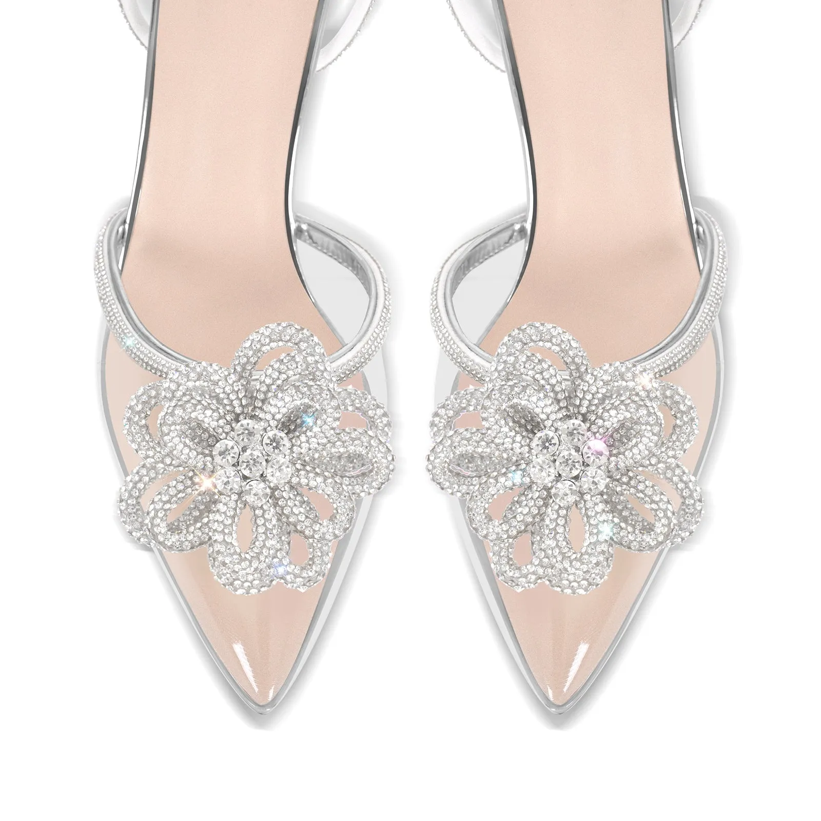 Pointed Toe Rhinestone Transparent Ankle Strap Pumps