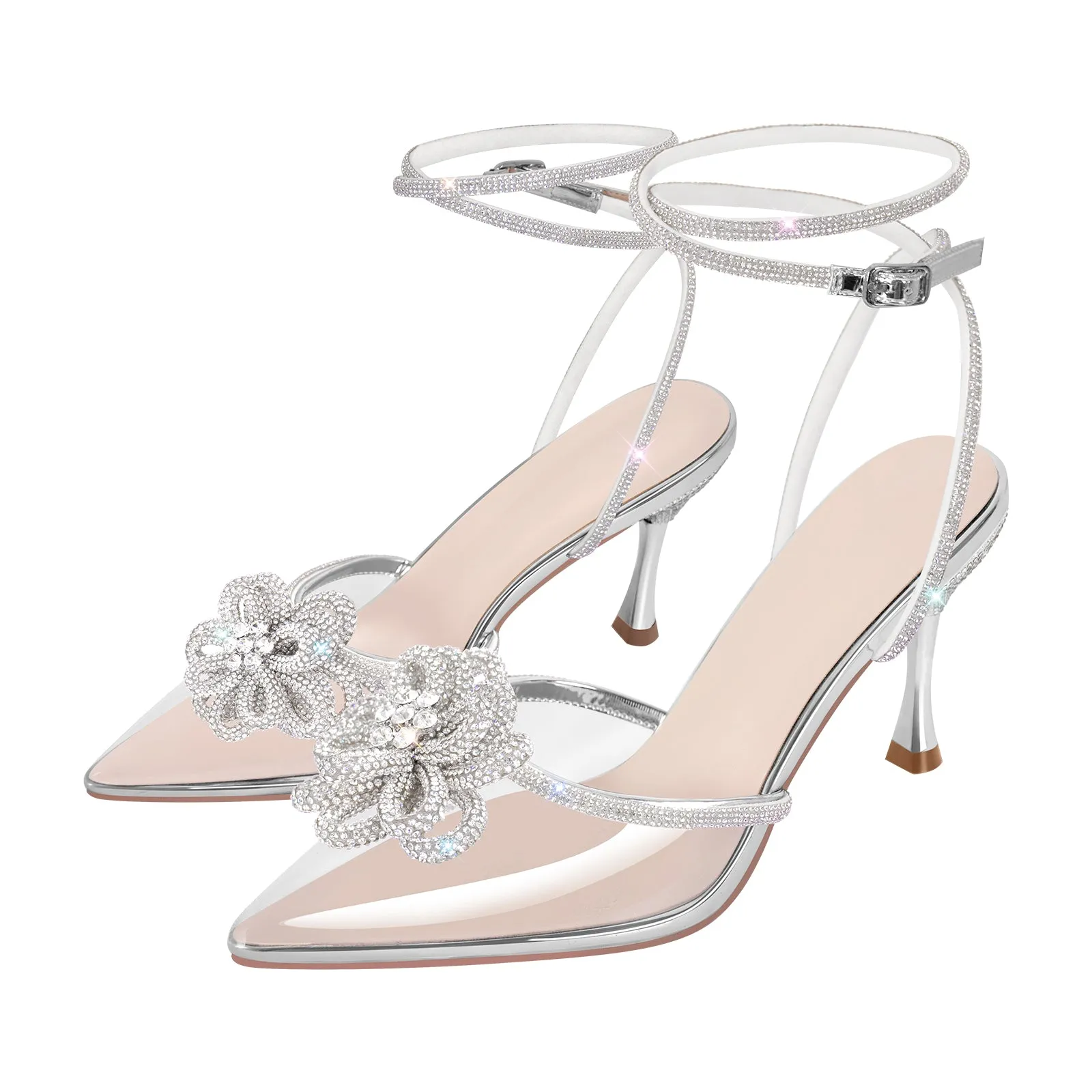 Pointed Toe Rhinestone Transparent Ankle Strap Pumps