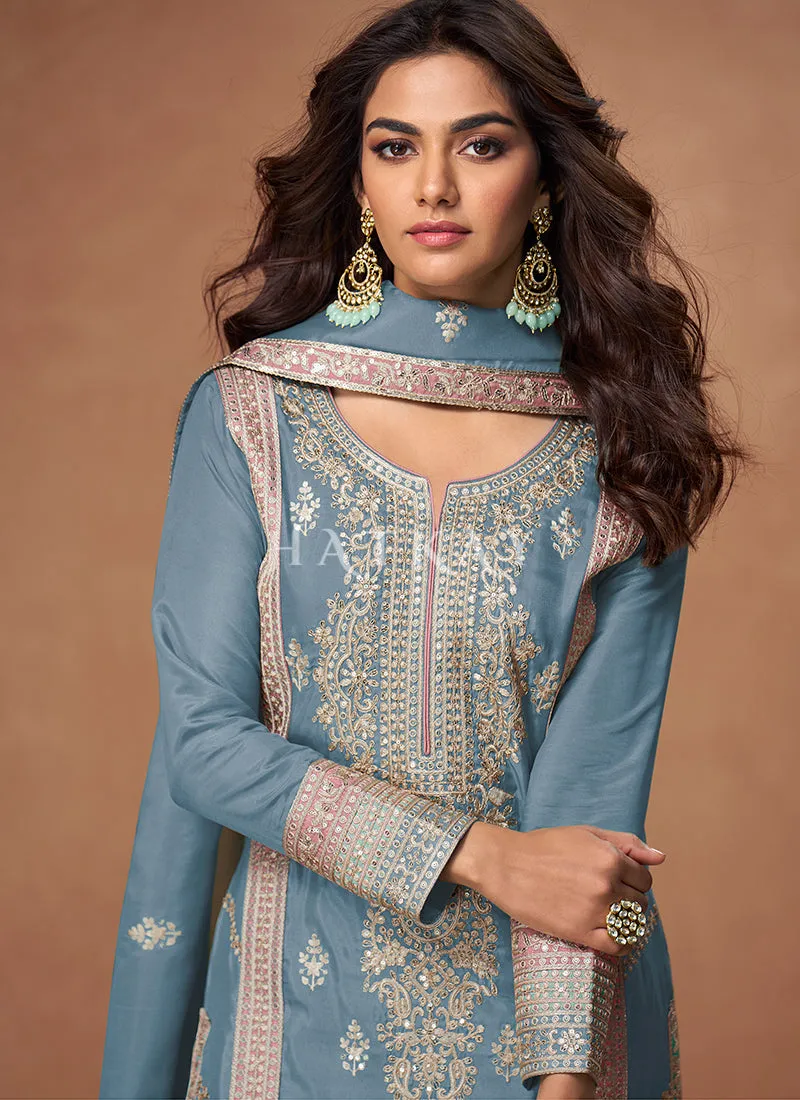 Powder Blue Multi Embroidered Palazzo Suit