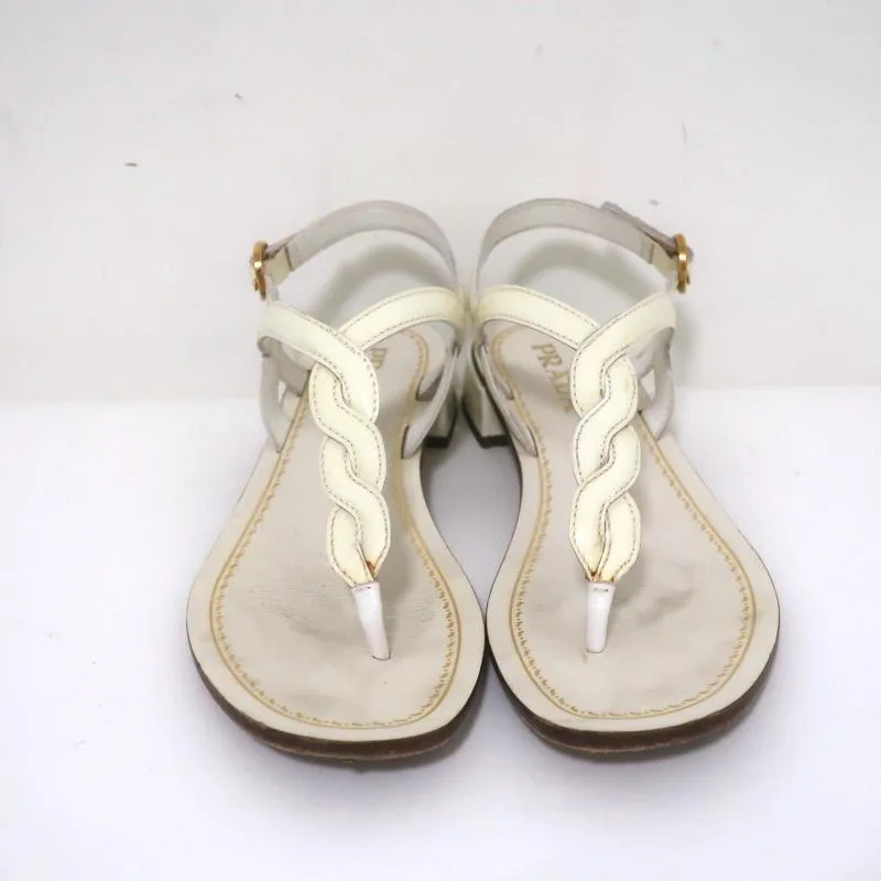 Prada Braided Thong Sandals Cream Patent Leather Size 37.5 Slingback Flats
