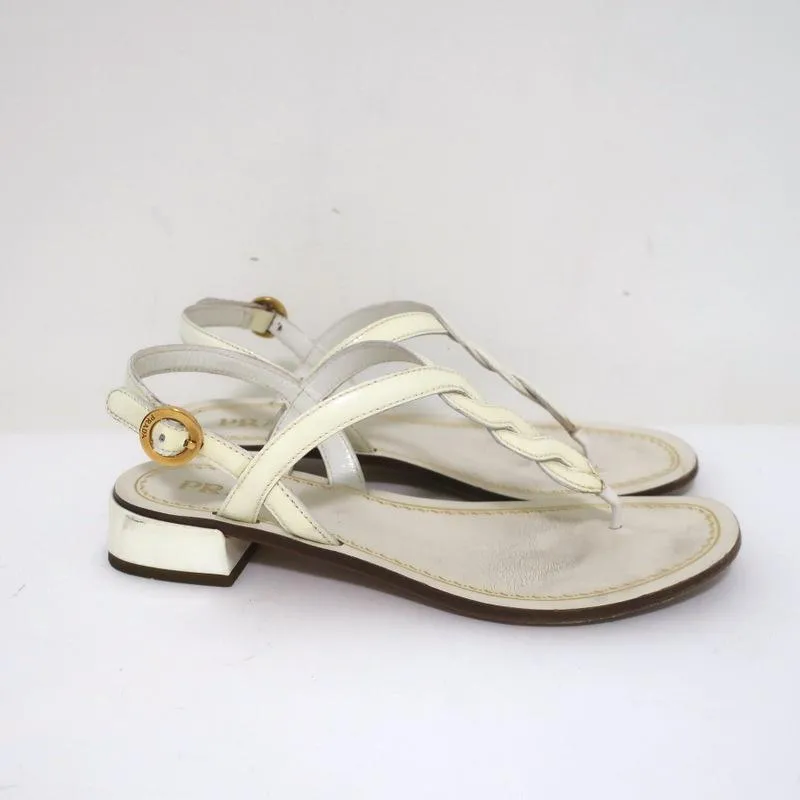 Prada Braided Thong Sandals Cream Patent Leather Size 37.5 Slingback Flats