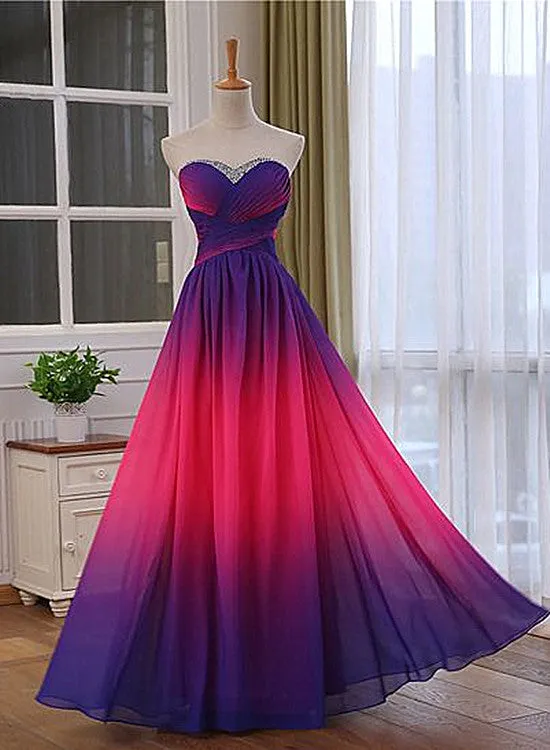 Pretty Gradient Sweetheart Beaded Long Party Dress, Pink and Purple Evening Dress