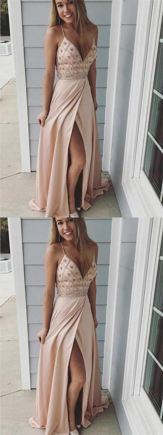 Pretty Spaghetti Straps Beaded Long A-Line Side Slit Prom Dress OKE40