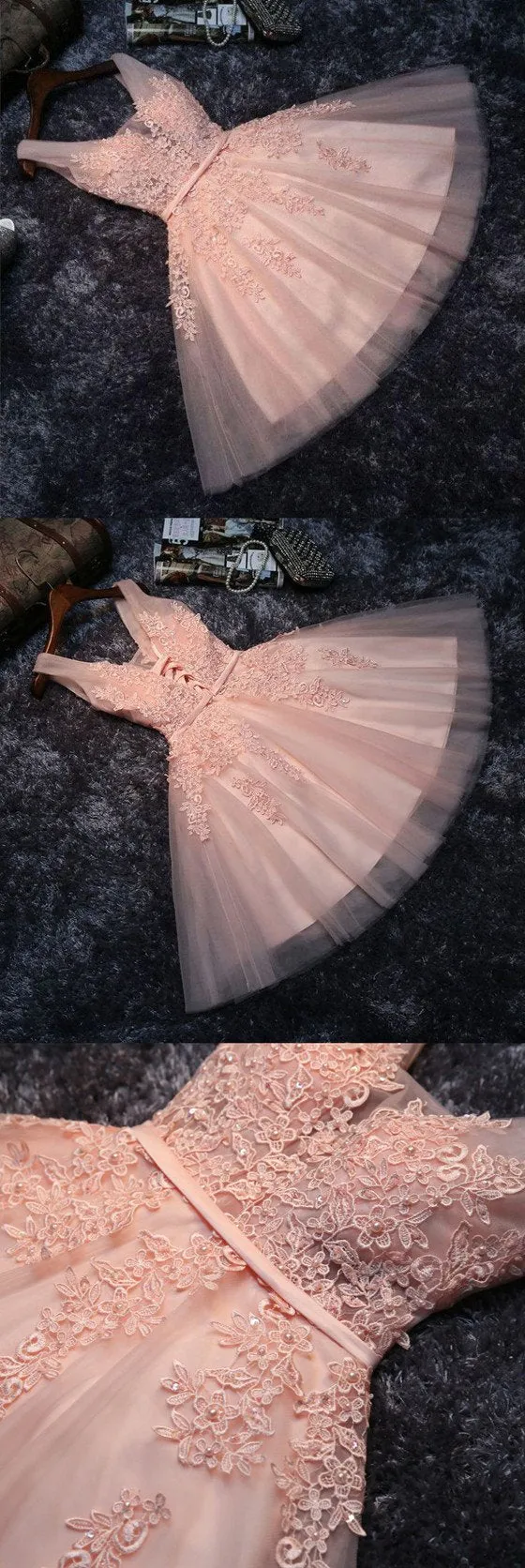 Princess V-neck Lace Appliques Beaded Homecoming Dresses, HD0354