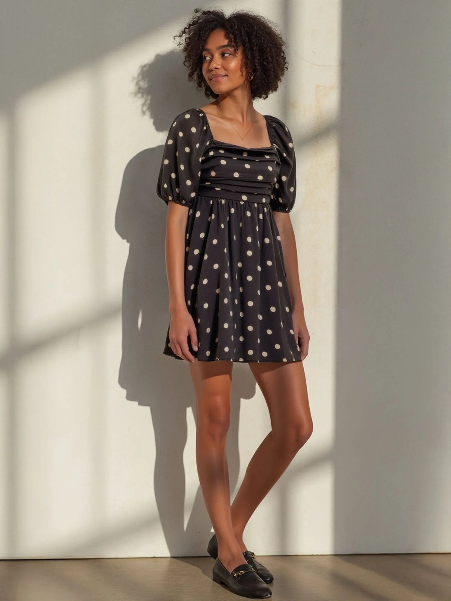 Puff Sleeve Polka Dot Mini Shift Sun Dress
