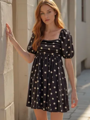 Puff Sleeve Polka Dot Mini Shift Sun Dress