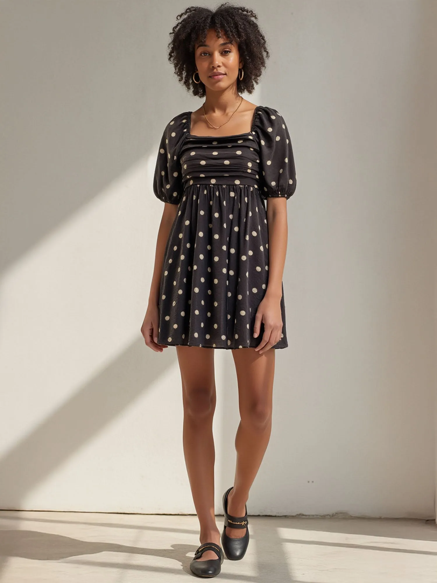 Puff Sleeve Polka Dot Mini Shift Sun Dress