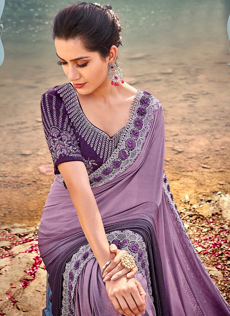 Purpel Two Tone Embroidered Party Wear Saree