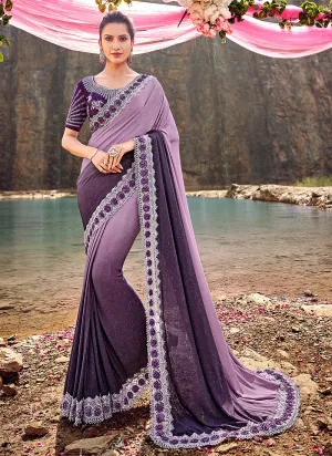 Purpel Two Tone Embroidered Party Wear Saree