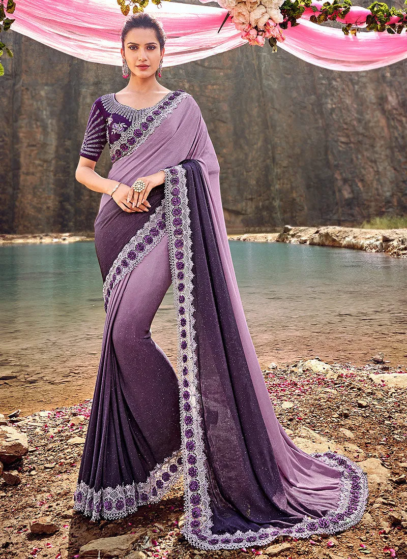 Purpel Two Tone Embroidered Party Wear Saree