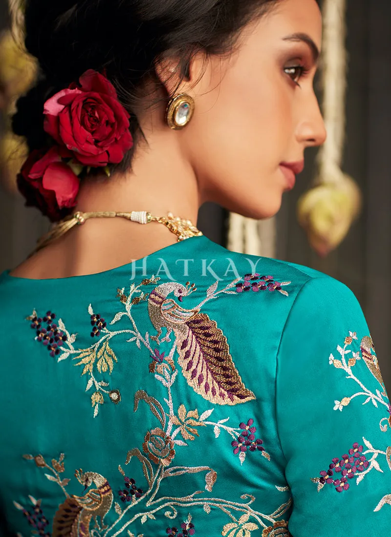 Purple And Blue Embroidered Satin Silk Saree