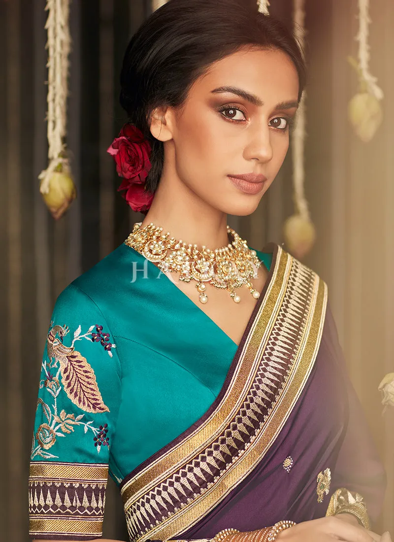 Purple And Blue Embroidered Satin Silk Saree
