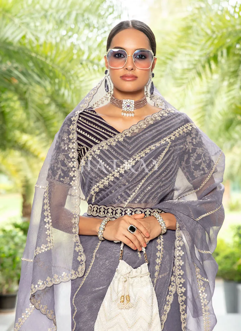 Purple Embroidered Organza Saree