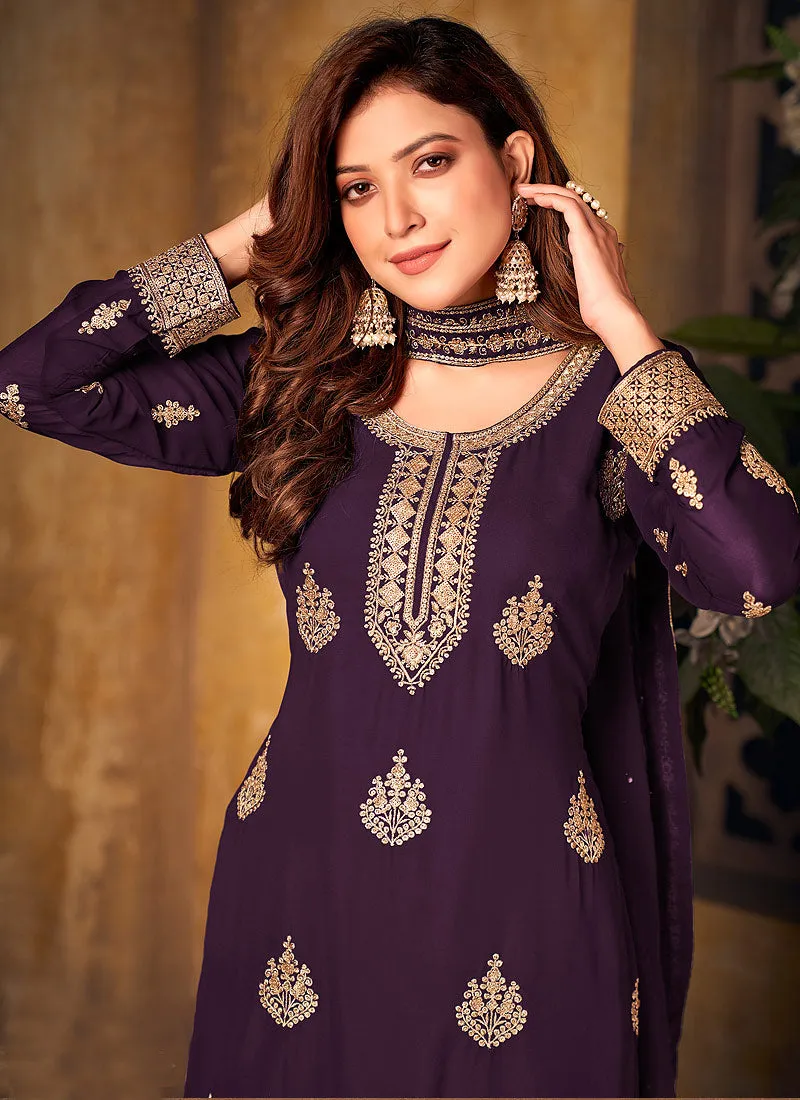 Purple Embroidered Pakistani Palazzo Suit