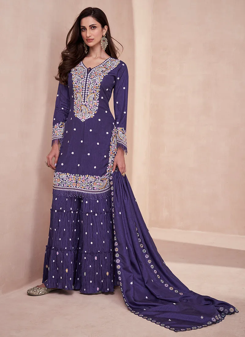 Purple Multi Sequence Embroidery Traditional Gharara Suit