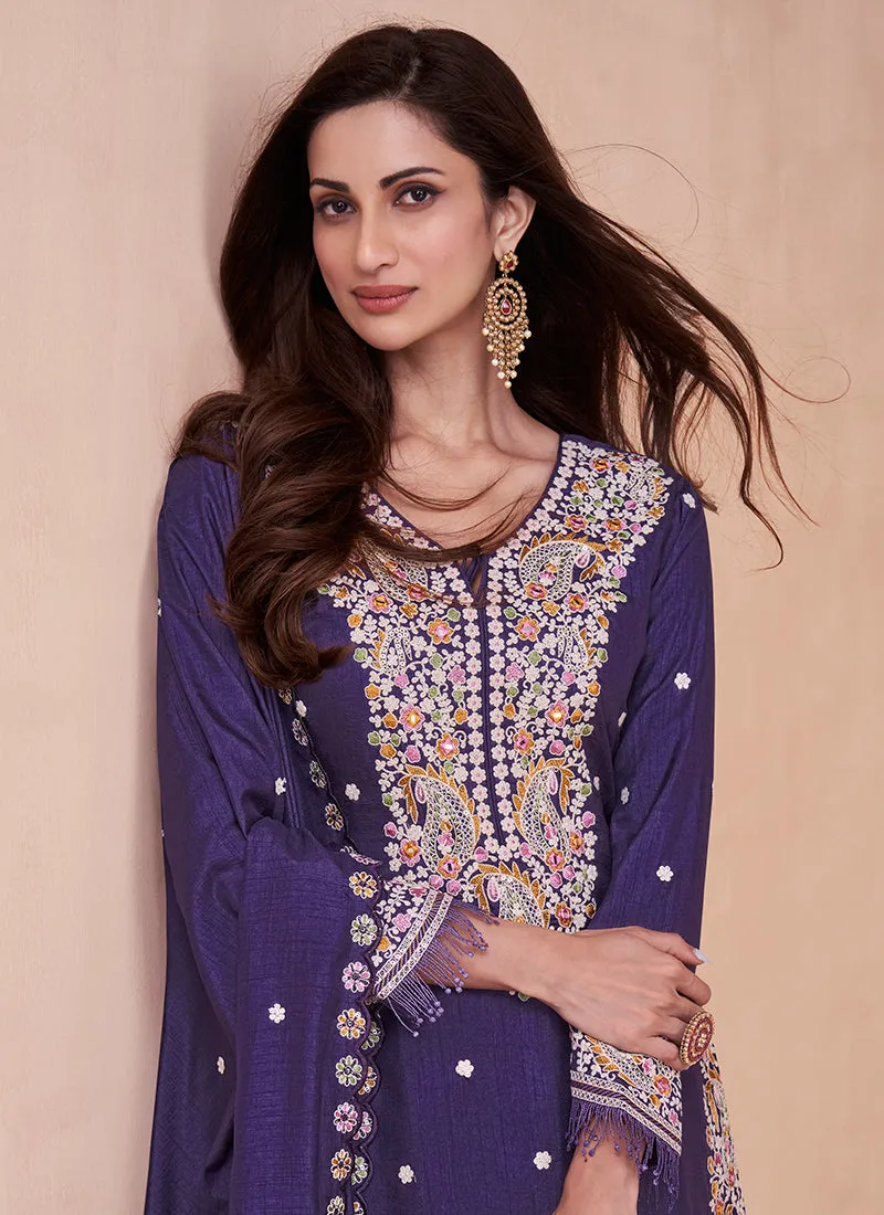 Purple Multi Sequence Embroidery Traditional Gharara Suit