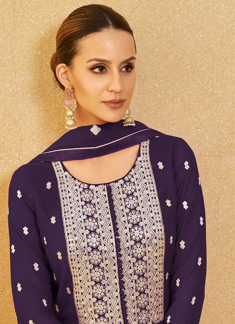 Purple Sequence Embroidery High Slit Palazzo Suit