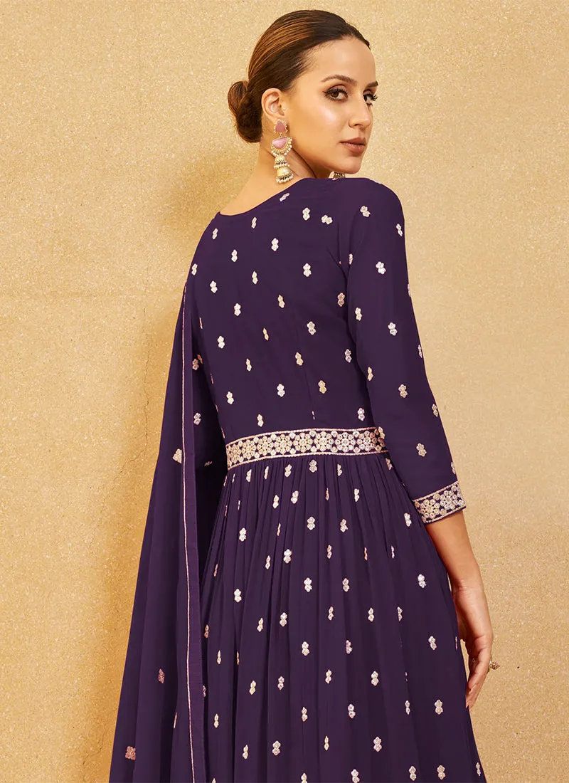 Purple Sequence Embroidery High Slit Palazzo Suit