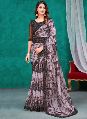 Purple Sequence Embroidery Traditional Silk Saree