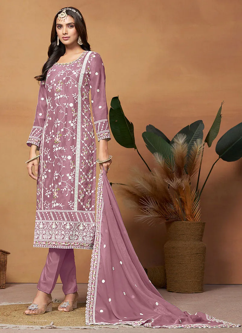 Purple Thread Embroidery Organza Salwar Suit