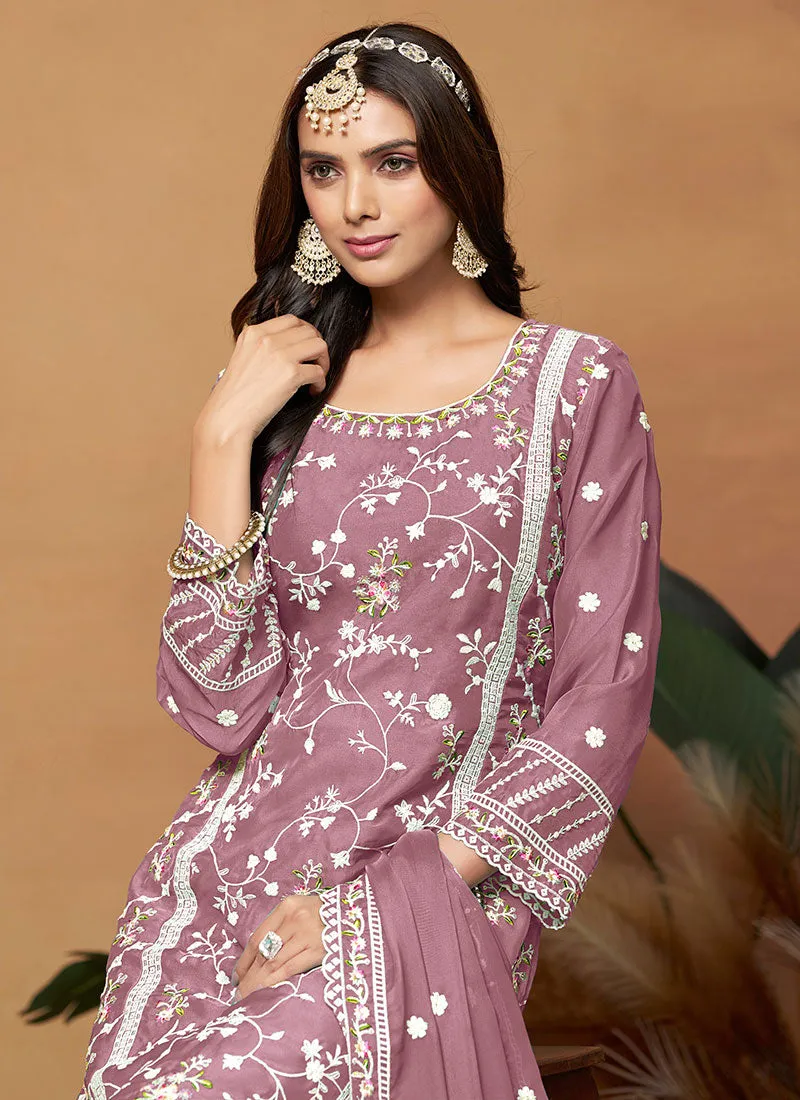 Purple Thread Embroidery Organza Salwar Suit