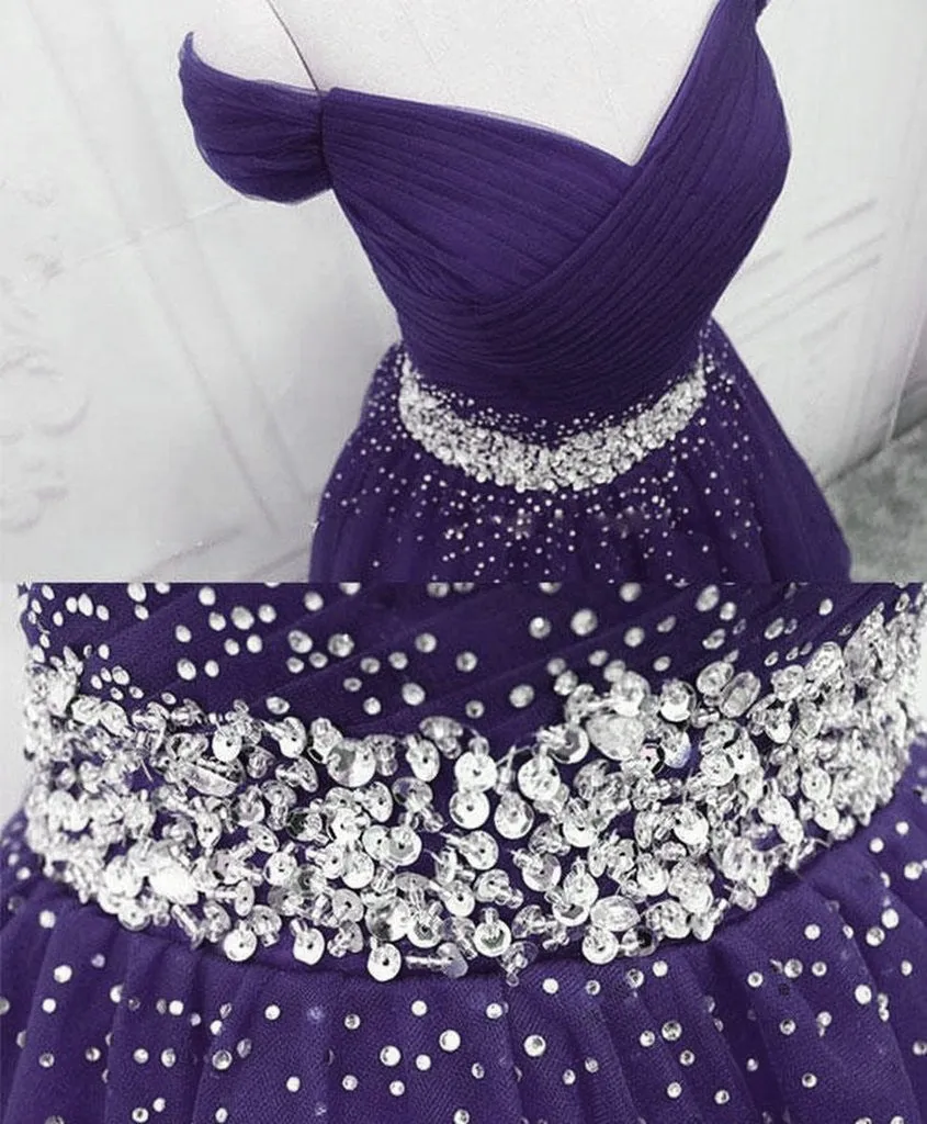 Purple Tulle Beaded Cute Off Shoulder Short Prom Dress, Purple Homecoming Dress Party Dress