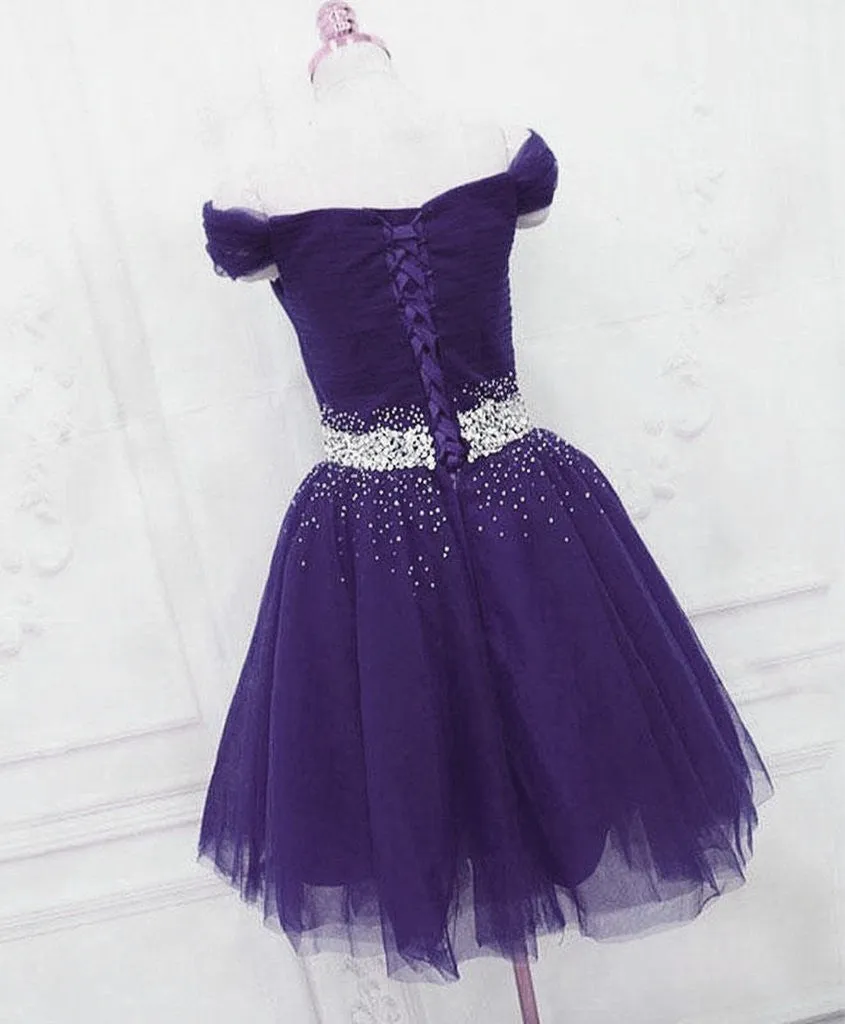 Purple Tulle Beaded Cute Off Shoulder Short Prom Dress, Purple Homecoming Dress Party Dress