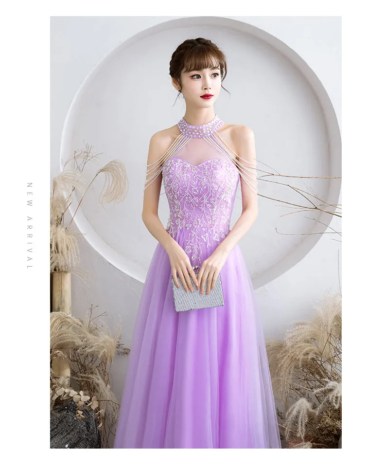 Purple Tulle Beaded Floor Length A-line Prom Dress, Long Evening Dress Party Dress