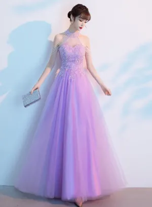 Purple Tulle Beaded Floor Length A-line Prom Dress, Long Evening Dress Party Dress