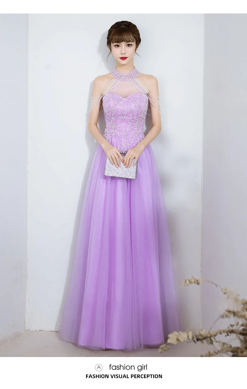 Purple Tulle Beaded Floor Length A-line Prom Dress, Long Evening Dress Party Dress