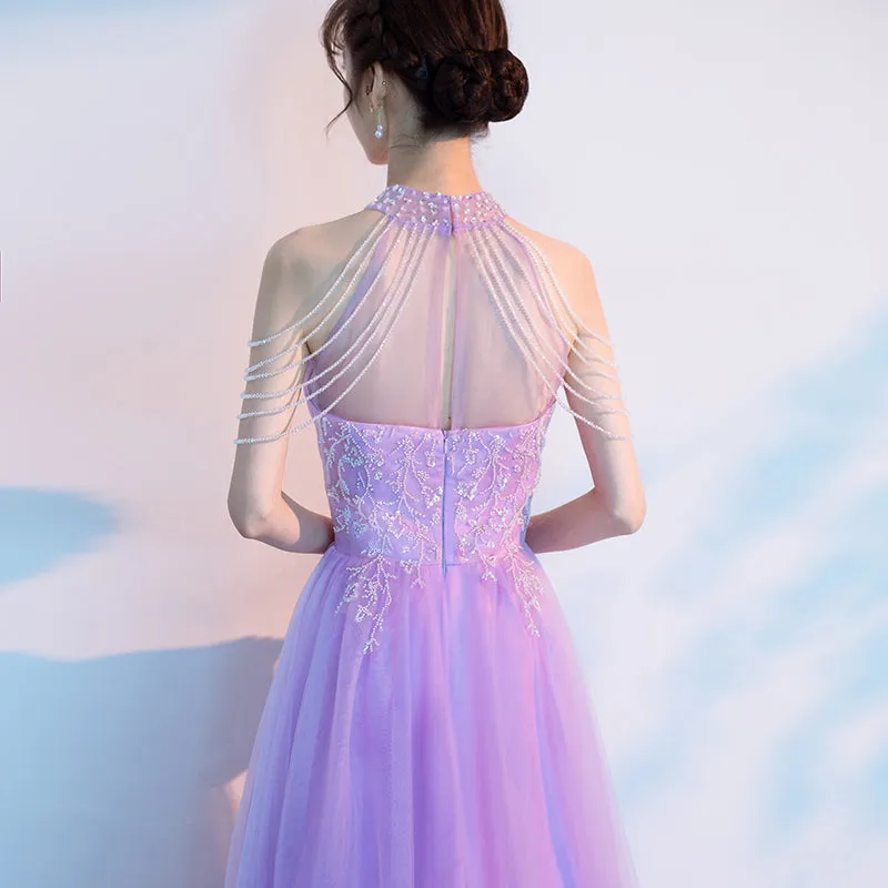 Purple Tulle Beaded Floor Length A-line Prom Dress, Long Evening Dress Party Dress