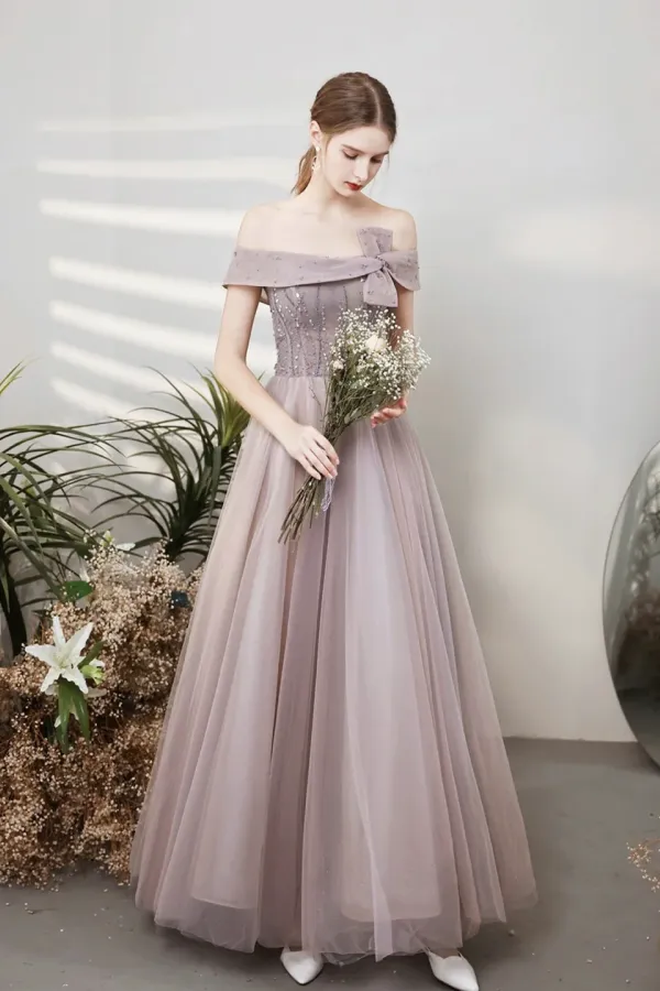 Purple Tulle Beaded Long Prom Dress, Off the Shoulder Evening Party Dress APP0901