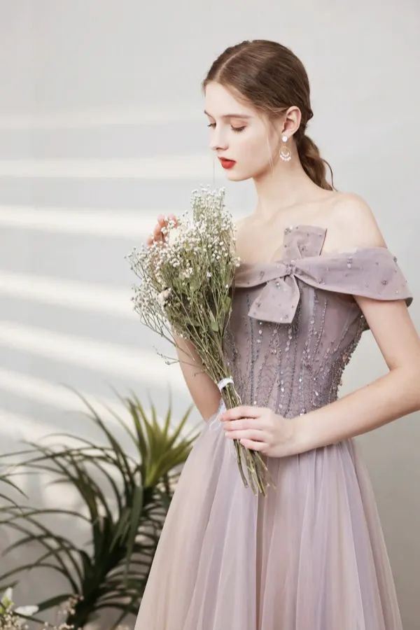 Purple Tulle Beaded Long Prom Dress, Off the Shoulder Evening Party Dress APP0901